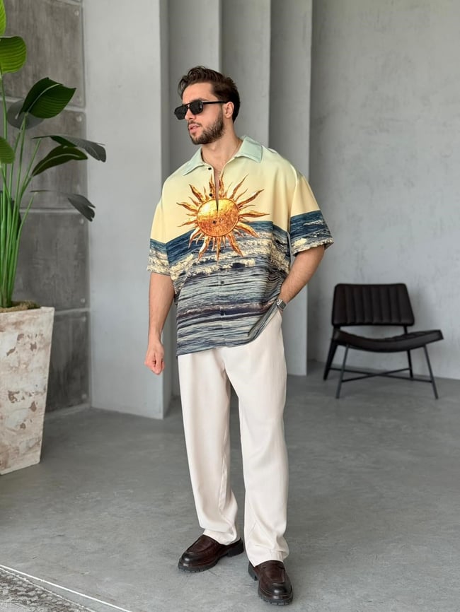 BEACH Desenli Dubble Hürrem Kumaş Oversize Gömlek T