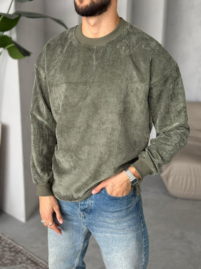 BİSİKLET YAKA KADİFE KUMAŞ SWEAT - HAKİ