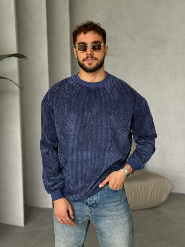 BİSİKLET YAKA KADİFE KUMAŞ SWEAT - LACİVERT