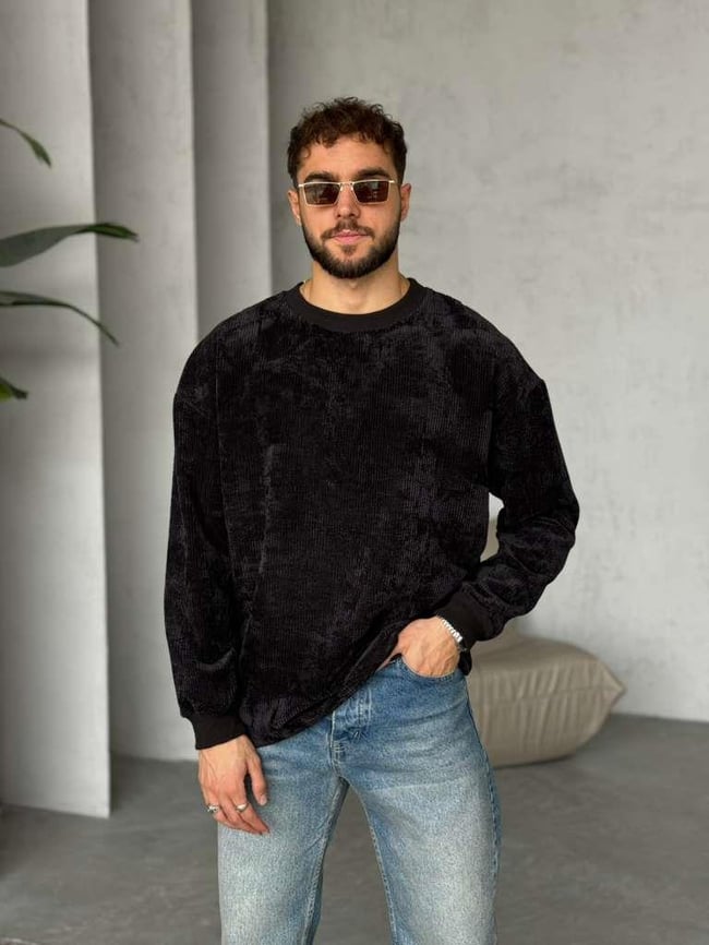 BİSİKLET YAKA KADİFE KUMAŞ SWEAT - SİYAH