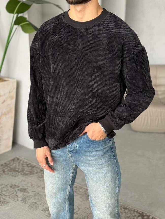 BİSİKLET YAKA KADİFE KUMAŞ SWEAT - SİYAH