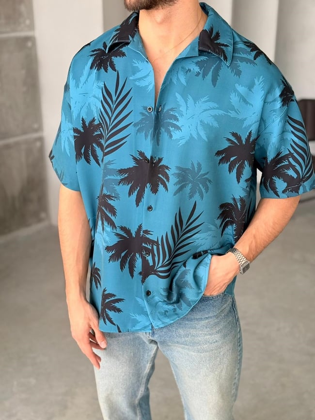 BLUE PALM Desenli Dubble Hürrem Kumaş Oversize Gömlek T