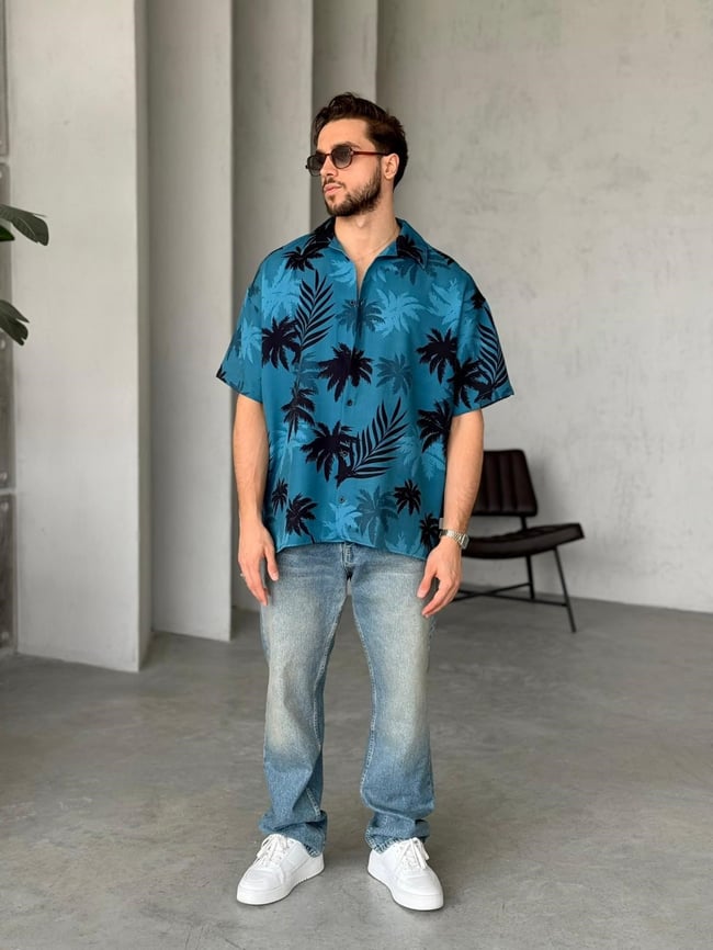 BLUE PALM Desenli Dubble Hürrem Kumaş Oversize Gömlek T