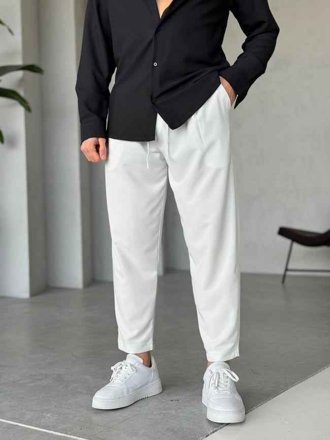 Boyfriend Kumaş Jogger Pantolon M - Beyaz