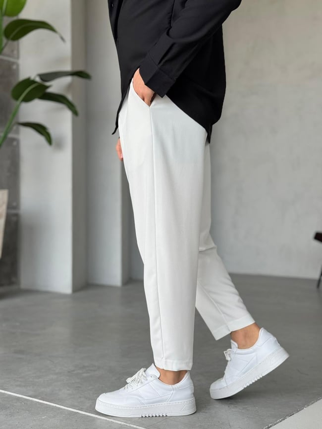 Boyfriend Kumaş Jogger Pantolon M - Beyaz