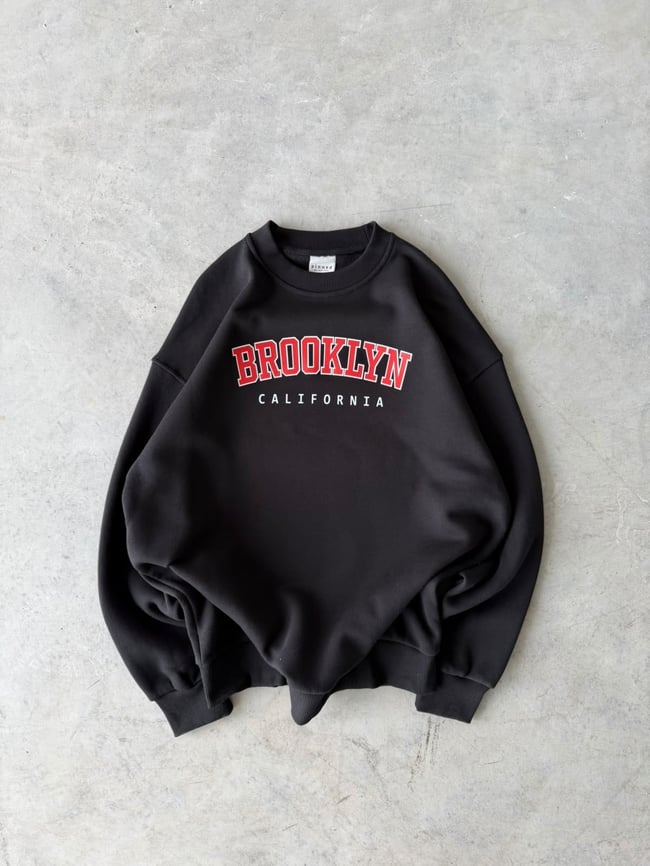 Brooklyn Baskılı Oversize 3 İplik Bisiklet Yaka Sweat Siyah