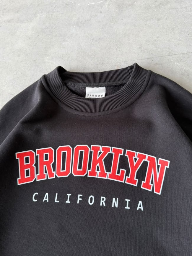 Brooklyn Baskılı Oversize 3 İplik Bisiklet Yaka Sweat Siyah