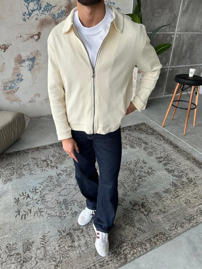 C129 Dokulu Örme Triko Ceket Krem