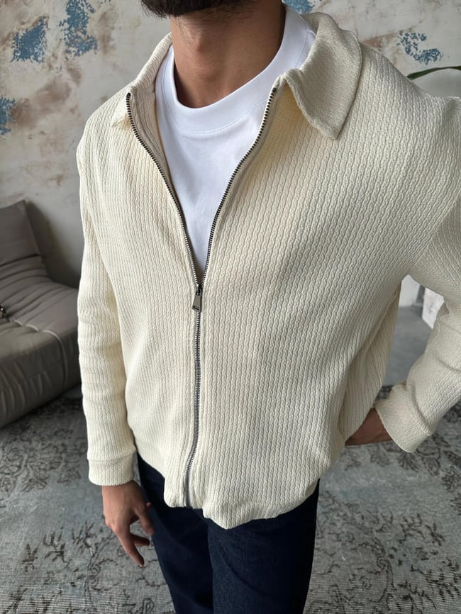 C129 Dokulu Örme Triko Ceket Krem