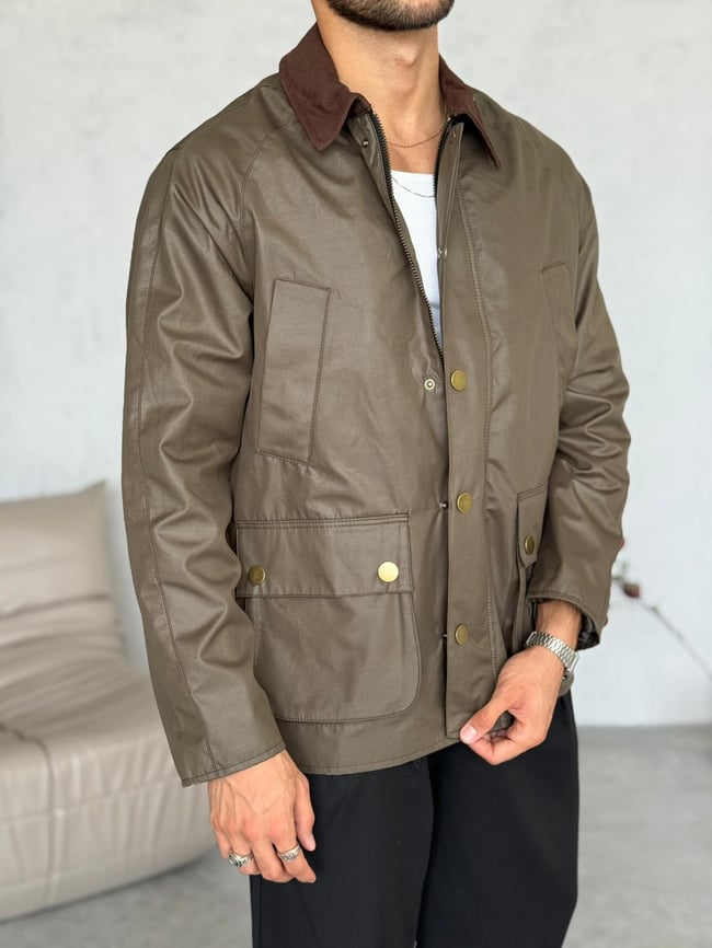 C133 Waxed Çıt Çıt Cep Detay Oversize Ceket Haki