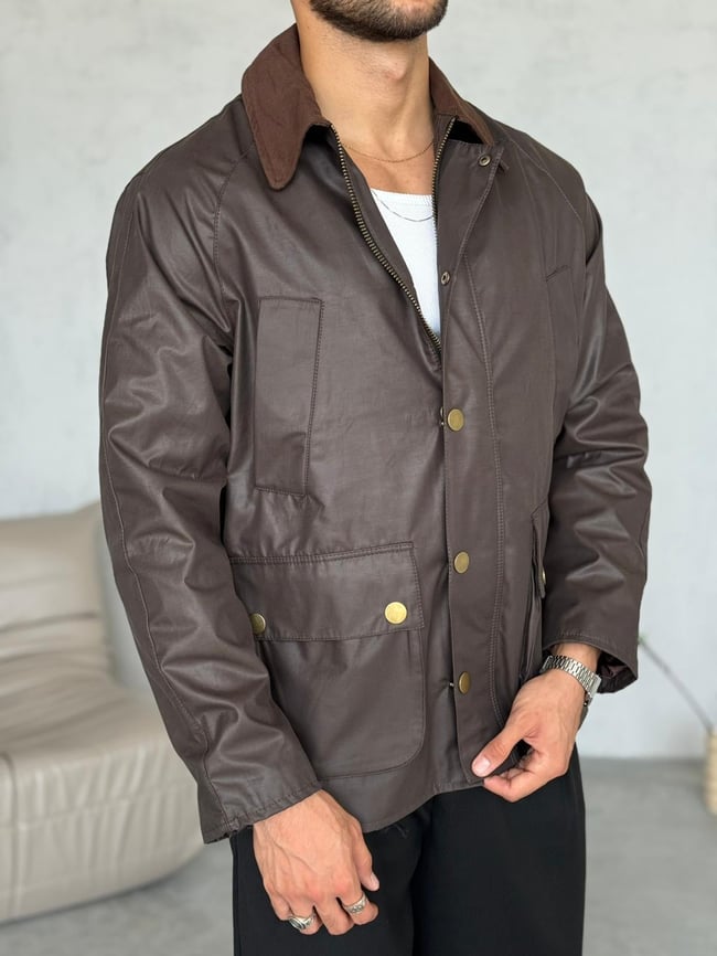 C133 Waxed Çıt Çıt Cep Detay Oversize Ceket Kahverengi