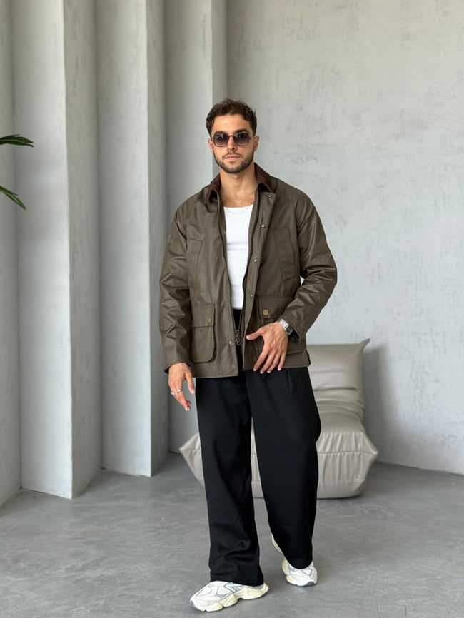 C133 Waxed Çıt Çıt Cep Detay Oversize Ceket Haki