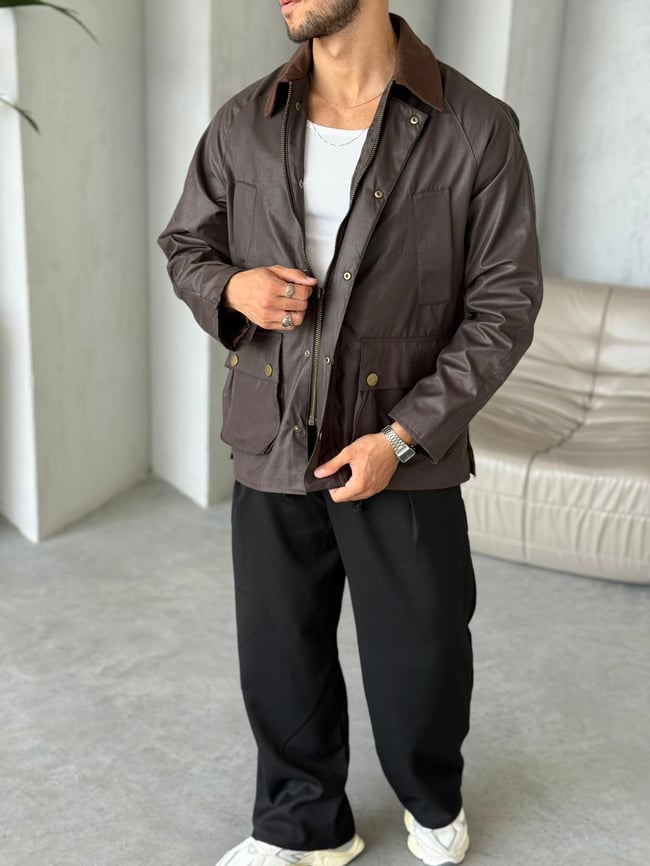 C133 Waxed Çıt Çıt Cep Detay Oversize Ceket Kahverengi