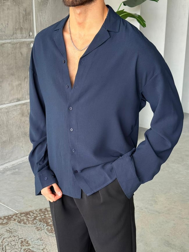 Camp Collar Yaka Basic Oversize Gömlek M - Lacivert