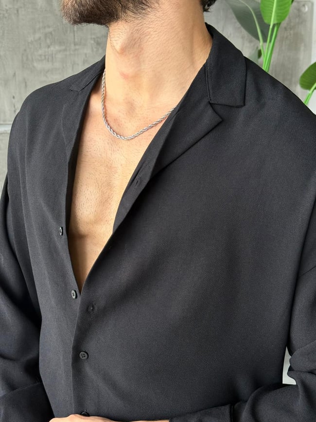 Camp Collar Yaka Basic Oversize Gömlek M - Siyah