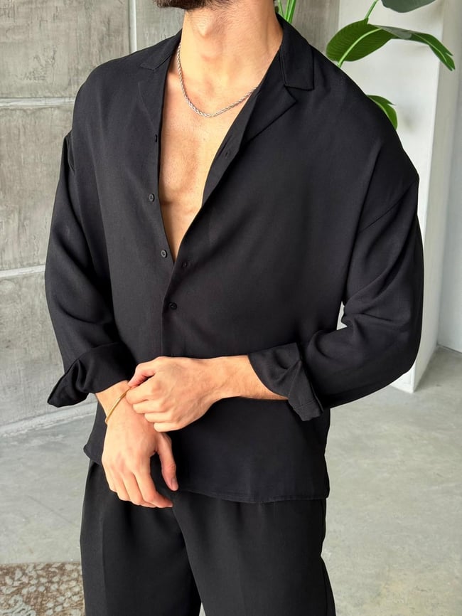 Camp Collar Yaka Basic Oversize Gömlek M - Siyah
