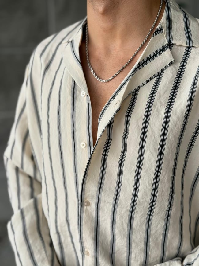 Camp Collar Yaka Çizgili Gömlek M - Ekru