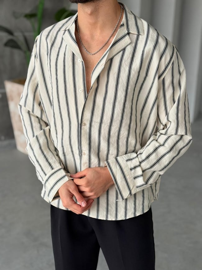 Camp Collar Yaka Çizgili Gömlek M - Ekru