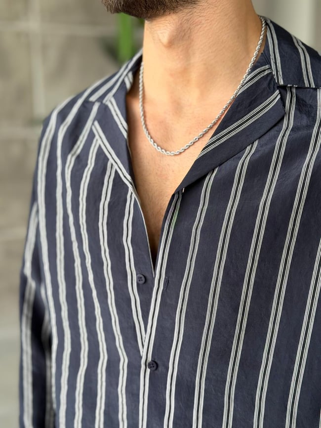 Camp Collar Yaka Çizgili Gömlek M - Lacivert