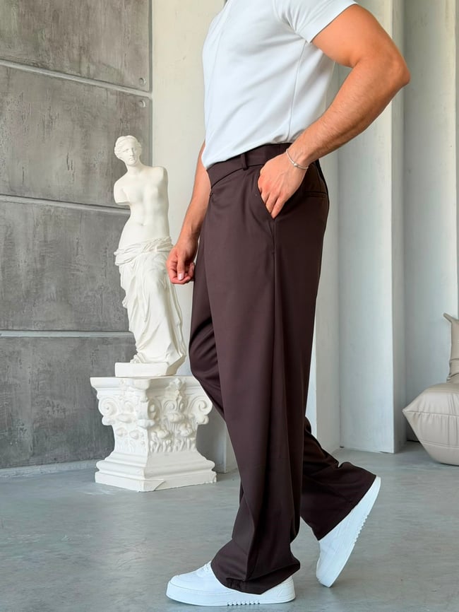 Çapraz Bel Detaylı Palazzo Baggy Kumaş Pantolon KAHVE-W