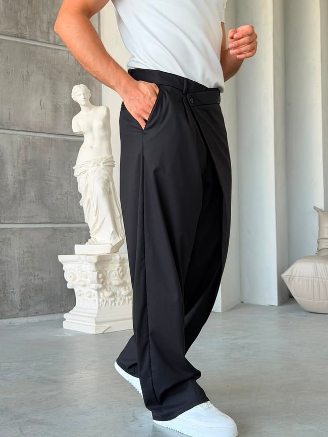 Çapraz Bel Detaylı Palazzo Baggy Kumaş Pantolon SİYAH-W