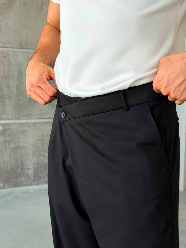 Çapraz Bel Detaylı Palazzo Baggy Kumaş Pantolon SİYAH-W