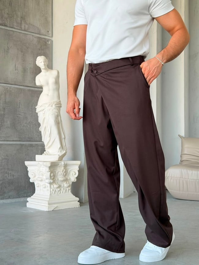 Çapraz Bel Detaylı Palazzo Baggy Kumaş Pantolon KAHVE-W