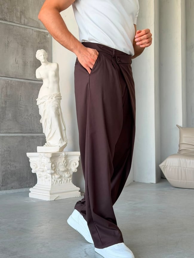 Çapraz Bel Detaylı Palazzo Baggy Kumaş Pantolon KAHVE-W