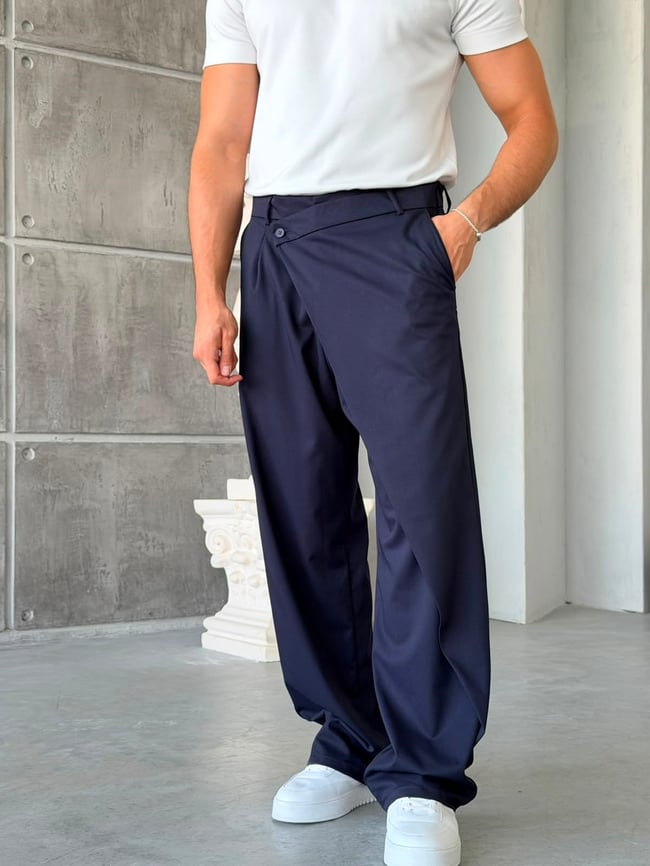 Çapraz Bel Detaylı Palazzo Baggy Kumaş Pantolon LACİVERT-W