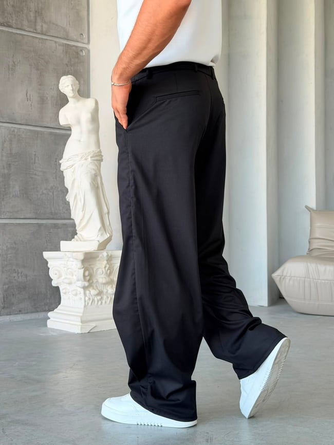 Çapraz Bel Detaylı Palazzo Baggy Kumaş Pantolon SİYAH-W