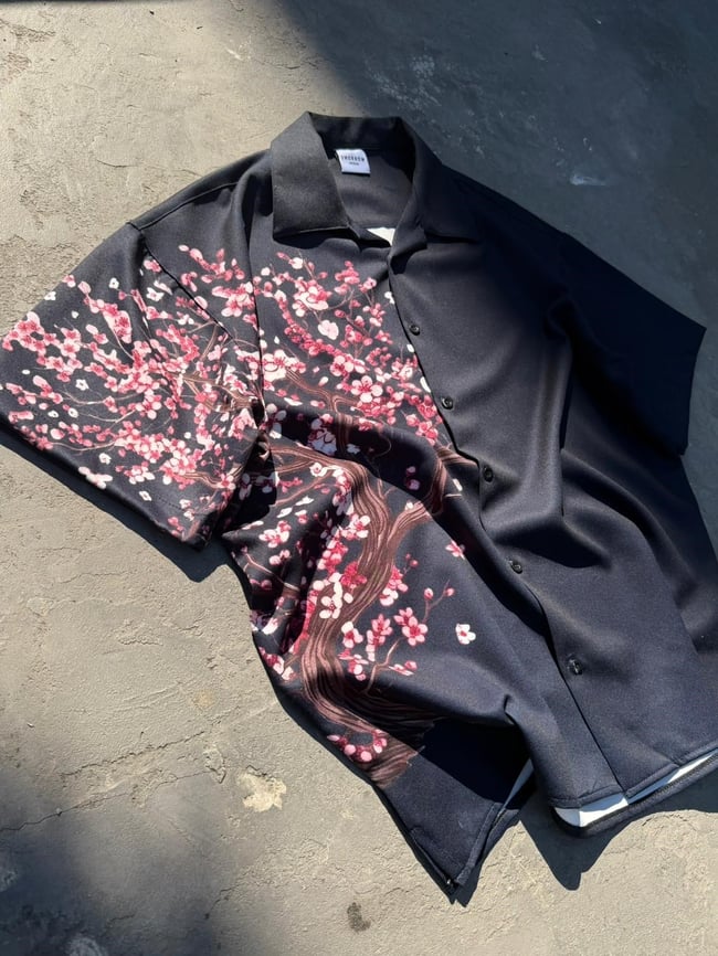 CHERRY BLOSSOM Desenli Dubble Hürrem Kumaş Oversize Gömlek 
