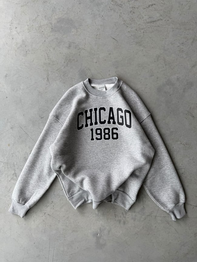 Chicago Baskılı Oversize 3 İplik Bisiklet Yaka Sweat Grimelange