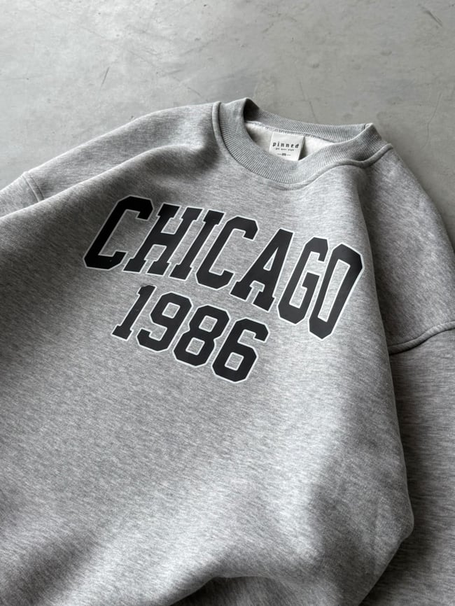 Chicago Baskılı Oversize 3 İplik Bisiklet Yaka Sweat Grimelange