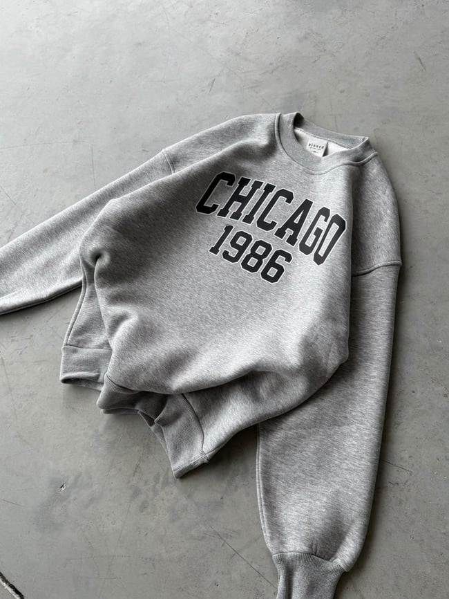 Chicago Baskılı Oversize 3 İplik Bisiklet Yaka Sweat Grimelange