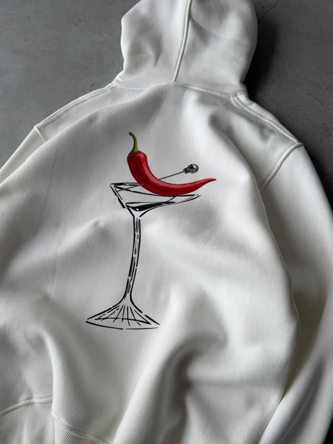 Chills Baskılı Oversize 3 İplik Kapüşonlu Sweat Beyaz