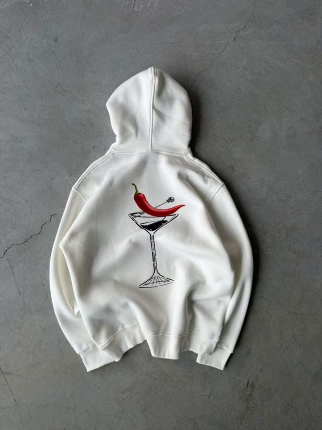 Chills Baskılı Oversize 3 İplik Kapüşonlu Sweat Beyaz