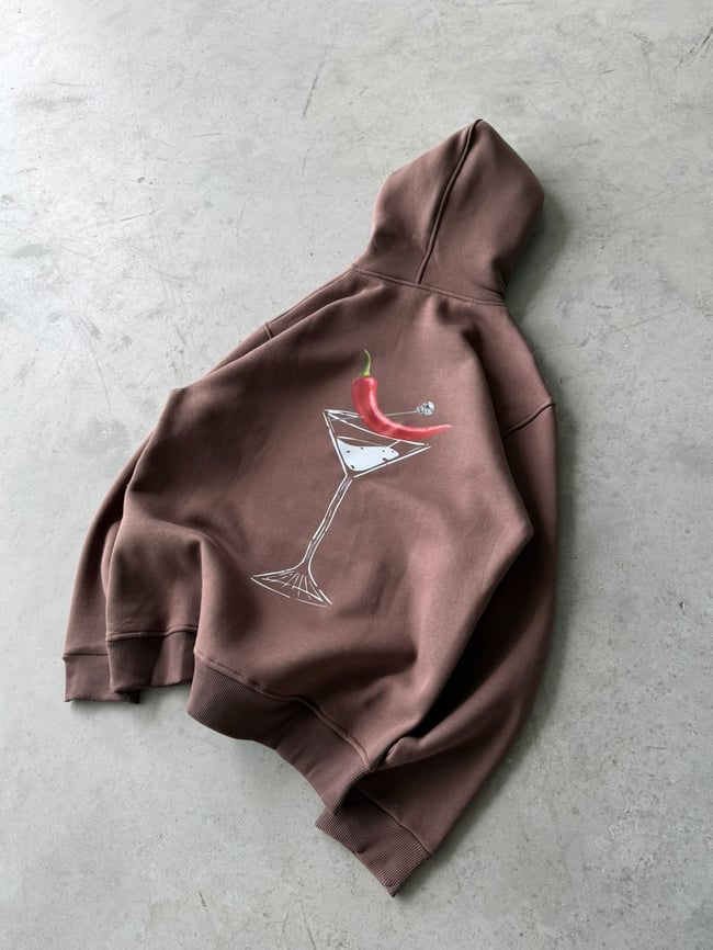 Chills Baskılı Oversize 3 İplik Kapüşonlu Sweat Kahverengi