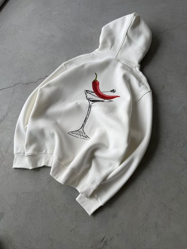 Chills Baskılı Oversize 3 İplik Kapüşonlu Sweat Beyaz