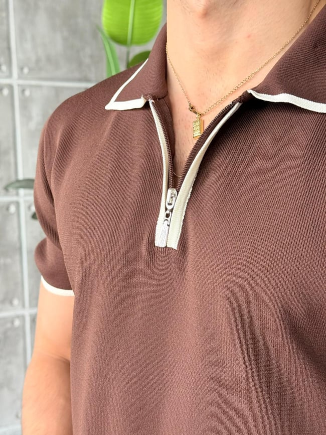 Çift Renk Polo Yaka Triko T - Kahve