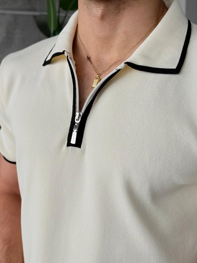 Çift Renk Polo Yaka Triko T - Krem