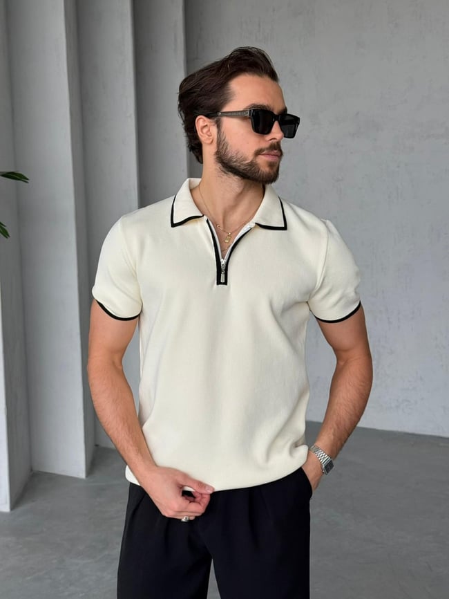 Çift Renk Polo Yaka Triko T - Krem