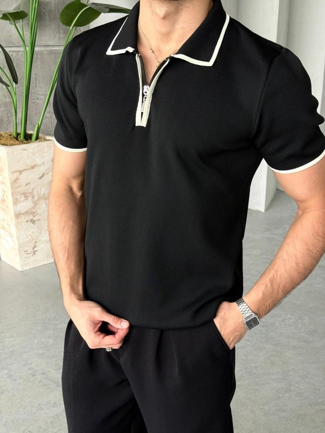 Çift Renk Polo Yaka Triko T - Siyah