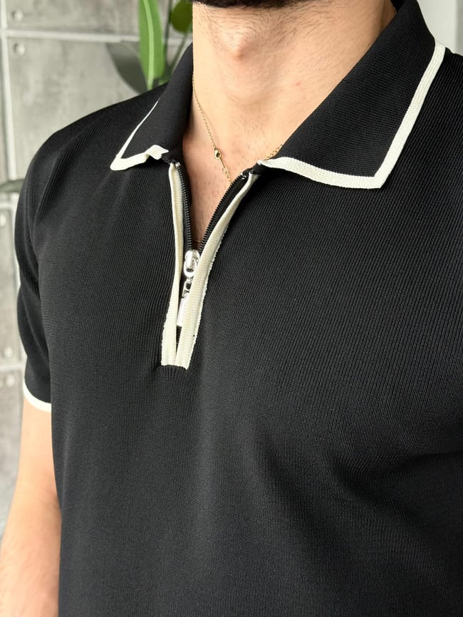 Çift Renk Polo Yaka Triko T - Siyah