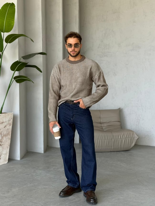Çizgili Bisiklet Yaka Triko Vizon
