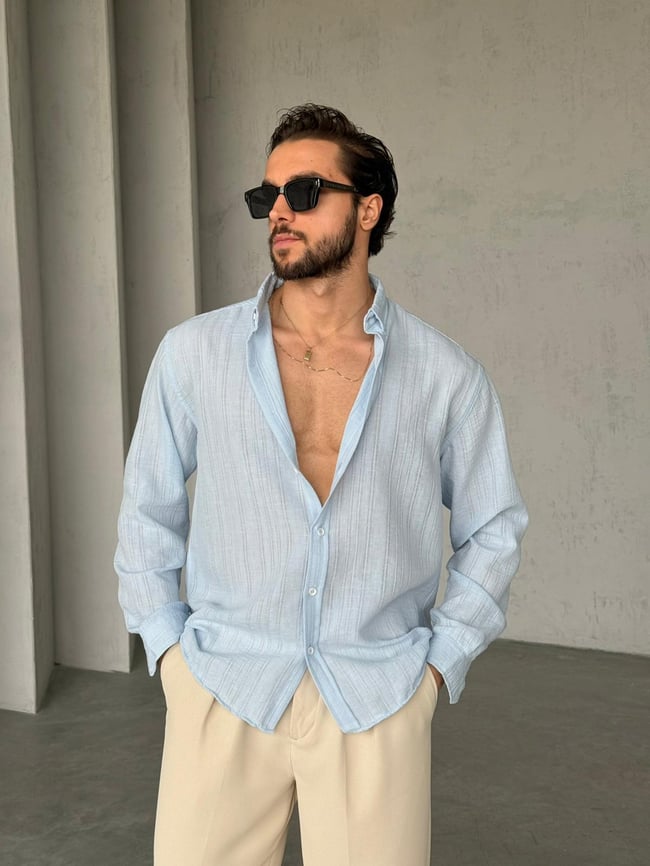 Çizgili Oversize Dokulu Gömlek G - Bebemavi