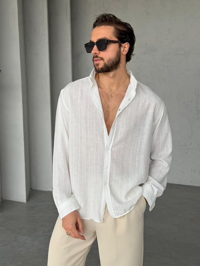 Çizgili Oversize Dokulu Gömlek G - Beyaz