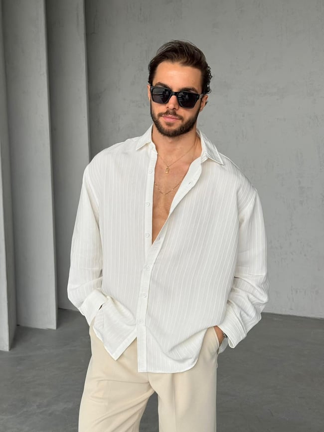 Çizgili Oversize Gömlek G - Beyaz
