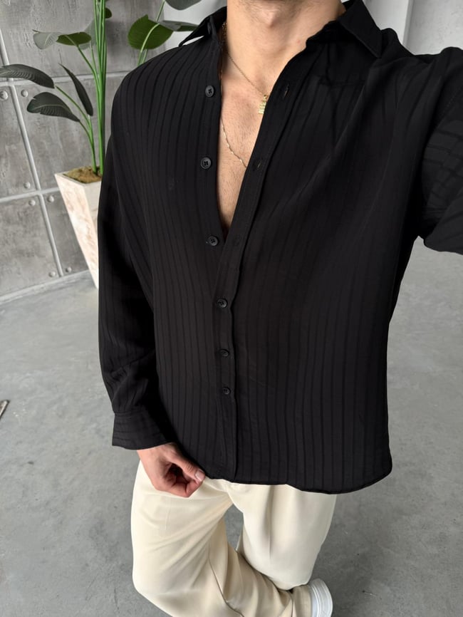 Çizgili Oversize Gömlek G - Siyah