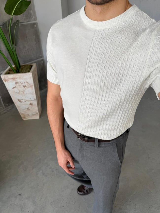 Contrast Dokulu Premium Triko T - Beyaz