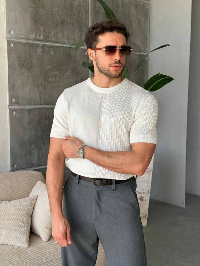 Contrast Dokulu Premium Triko T - Beyaz